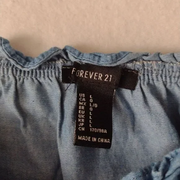 SALE Forever 21 Embroidered Crop Peasant Top L Off Shoulder Chambray - Picture 3 of 10